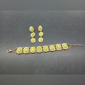 JC China Gold Tone Green Cabochon Bracelet & Earrings Set